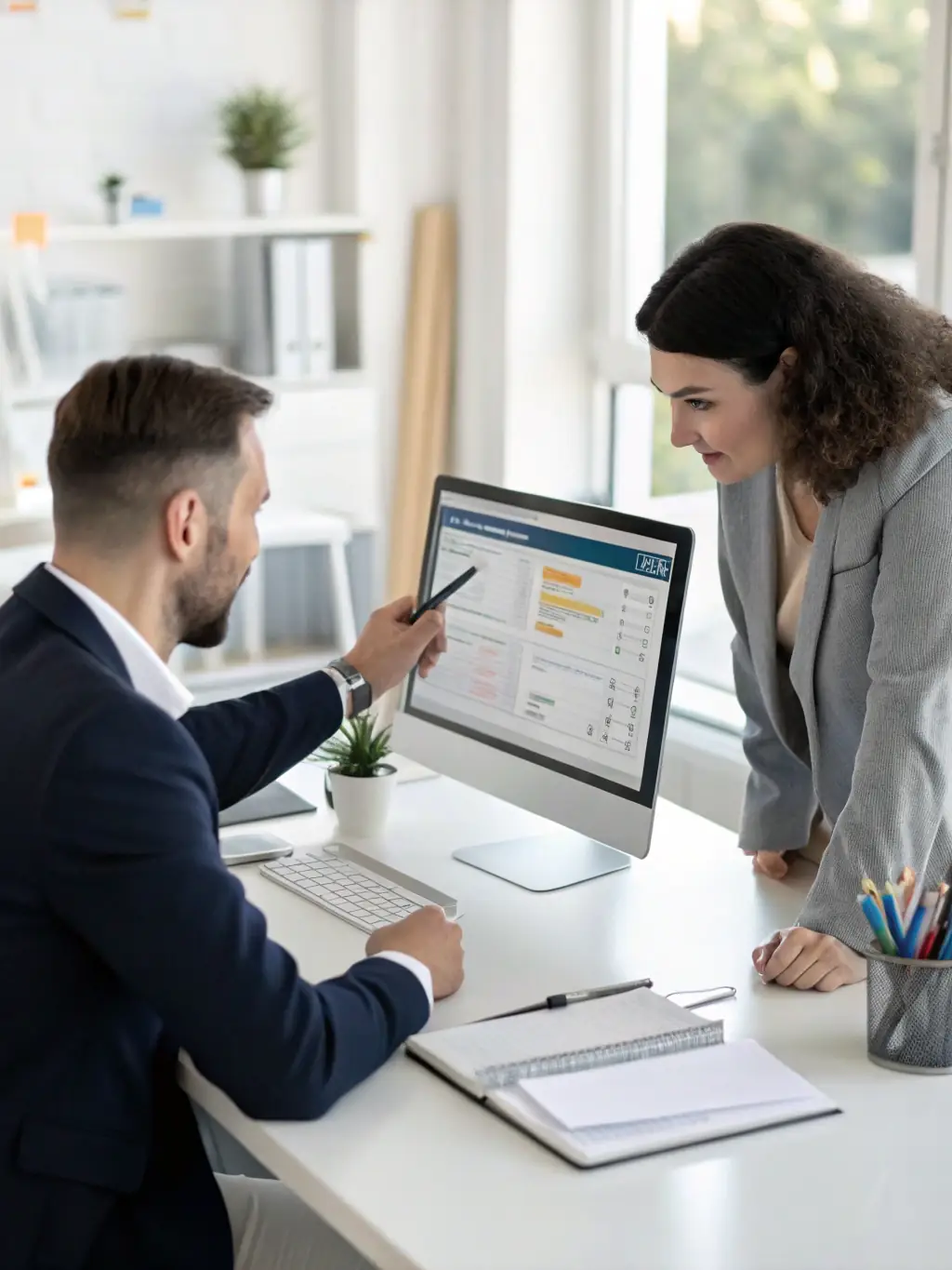 A consultant working with a client on a CRM dashboard, showcasing key performance indicators and customer data, in a modern office setting.