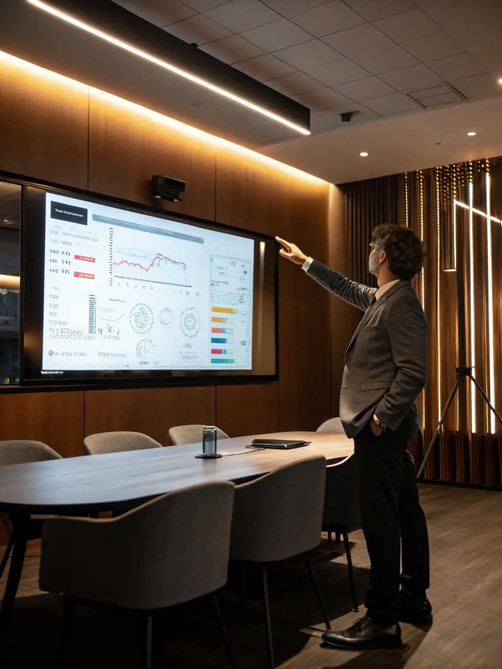 A consultant presenting a report on improved business processes after implementing Vastmet Systems' solutions, highlighting key metrics and positive outcomes.