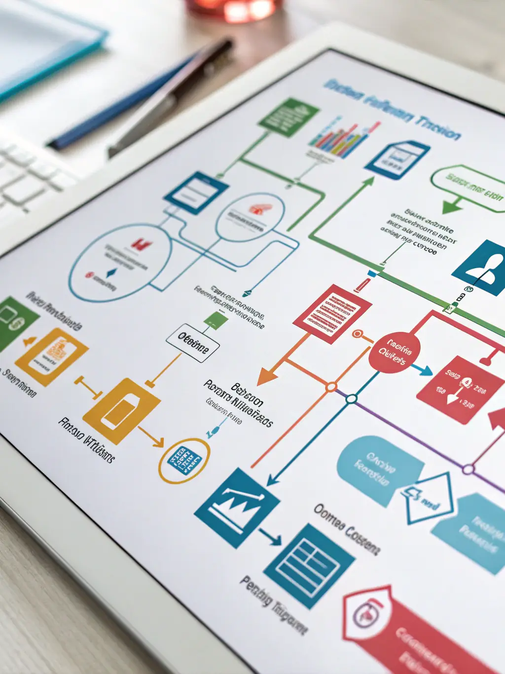 A visual representation of a workflow diagram, illustrating the automated steps in a business process, with clear connections and data flow.